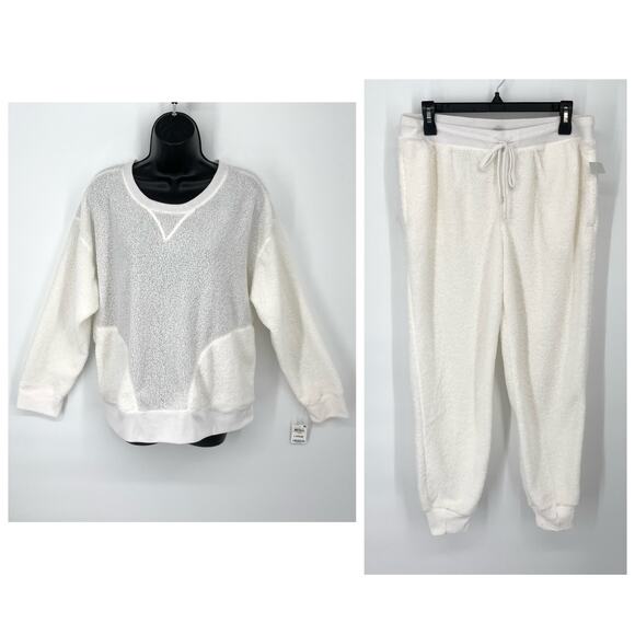 Jenni NWT Womens 2 Piece PJ Set Sherpa Knit Sleepwear Shirt & Pants Size L White - Picture 1 of 8